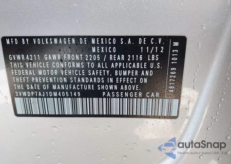 2013 Volkswagen Jetta 2.5L Se from USA, damaged, VIN 3VWDP7AJ1DM405149